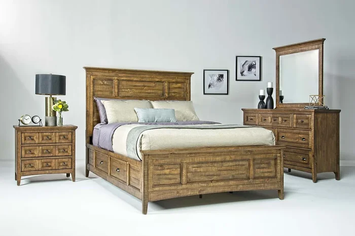 Bay Creek Panel Bed w/ Storage, Dresser, Mirror & Nightstand in Nutmeg, Eastern King