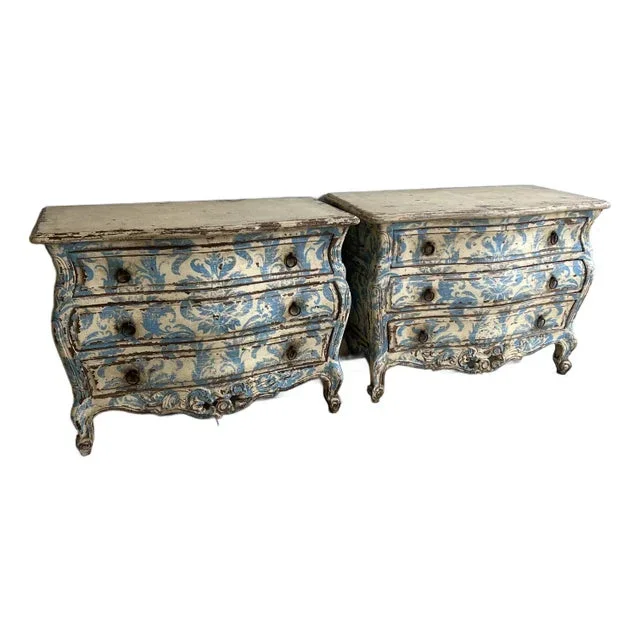 Beautiful Pair of French Bedside Commodes With Blue and White Patina
