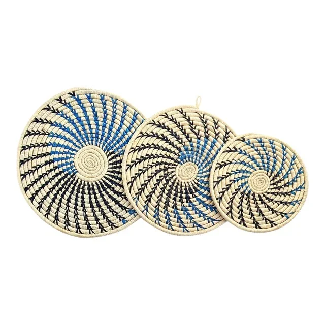 Beige, Blue & Black Woven Placemat Raffia Trivets- Set of 3
