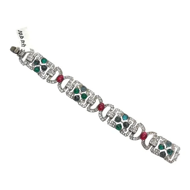 Ben Amun Silver Bracelet with Crystals and Green and Red Stones