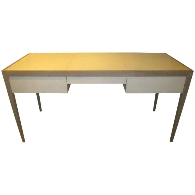 Bespoke Cerused Oak and Parchment Desk Featuring Three Central Drawers