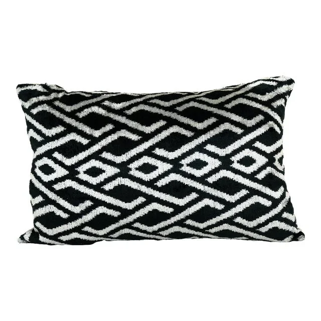 Black and Beige Silk Ikat Velvet Pillow Cover