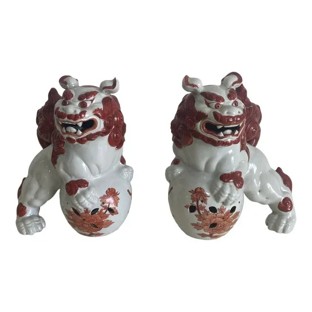 Blanc and Cinnamon Glazed Porcelain Foo Dogs- A Pair