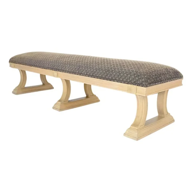Bleached Carved Mahogany Tripple Pedestals Base Upholstered Seat Bench