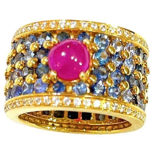 Bochic “Orient” African Ruby & Blue Sapphire Band Ring Set In 18 K Gold & Silver, Size 4