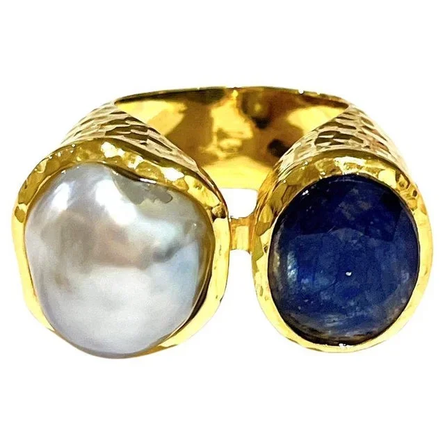 Bochic “Orient” Blue Sapphire & Pearl Vintage 2 Gem Ring Set 18K & Silver, Size 6