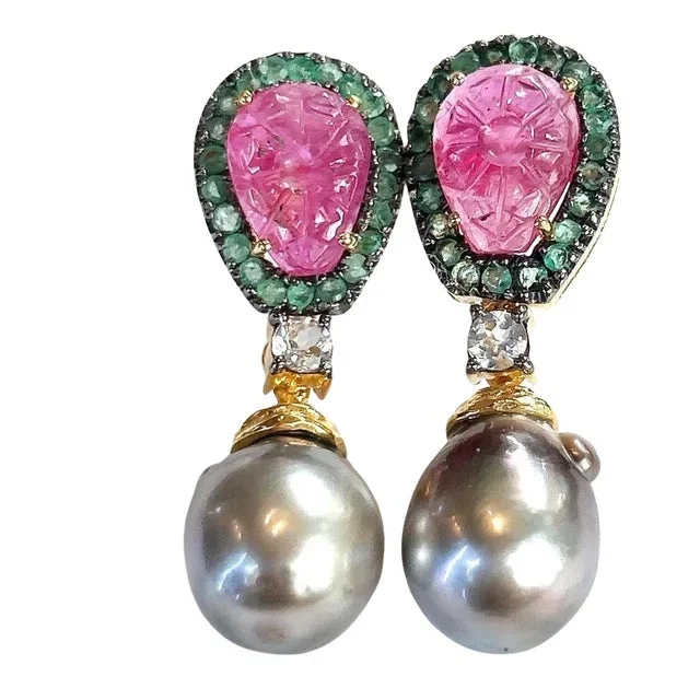 Bochic “Orient” Carved Ruby, Emerald & Pearl Earrings Set 18K Gold & Silver – 2 Pieces