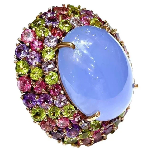 Bochic “Orient” Chalcedony & Multi Gem Cocktail Ring In 18K Gold & Silver, Size 10