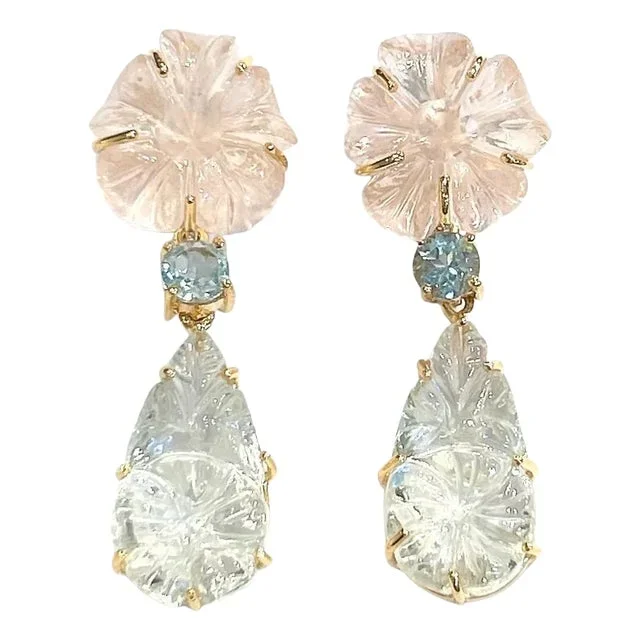 Bochic “Orient” Green Amethyst & Pink Quartz Earrings Set In 18K Gold & Silver, 2 pieces