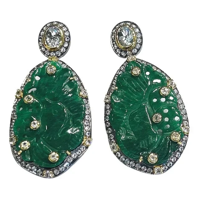 Bochic “Orient” Green Jade & White Topaz Earrings set In 18K Gold & Silver