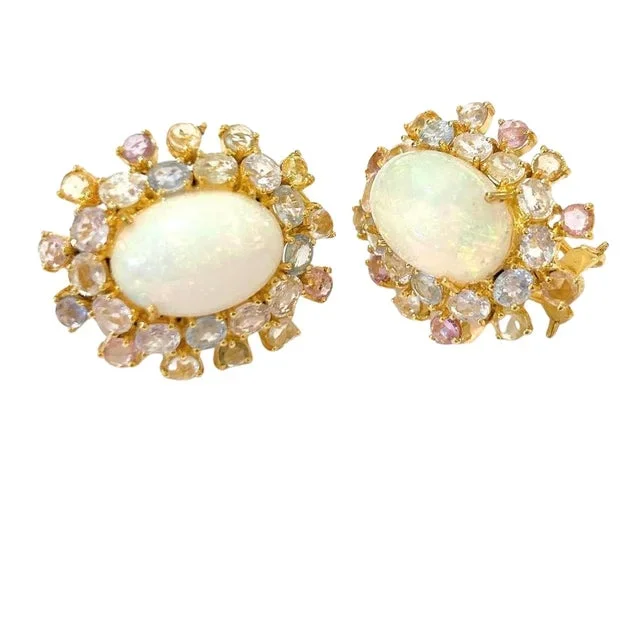 Bochic “Orient” Opal & Multi Sapphire Earrings Set In 18K Gold & Silver – 2 Pieces