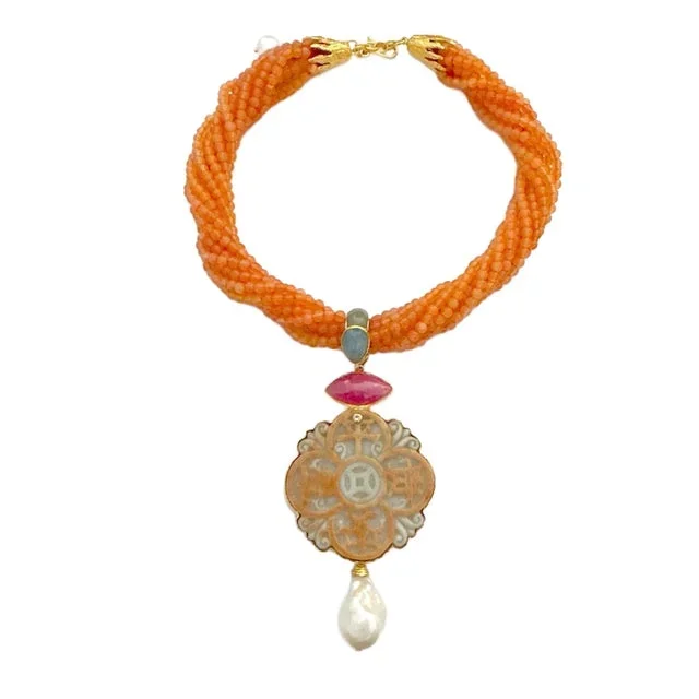 Bochic “Orient” Ruby, Cornelian, Jade, Aquamarine & Pearl Necklace Drop