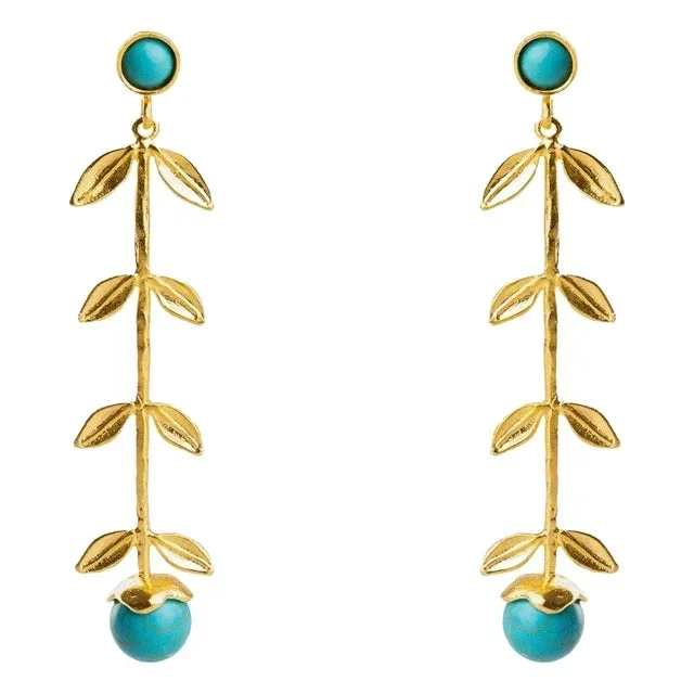 Bohemian Elegance Gold Leaf & Turquoise Stone Dangle Earrings, 2 Pieces