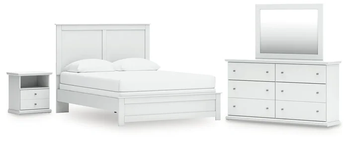 Bostwick Shoals Queen Panel Bed with Mirrored Dresser and Nightstand in White