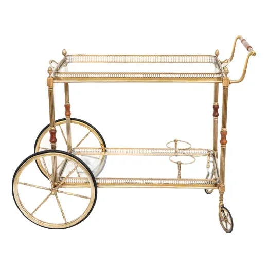 Brass Bar Cart with Glass Tops, France, 1950s