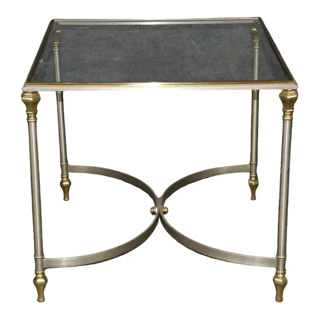 Brass Steel and Glass Top French Maison Jansen Style Directoire End Table