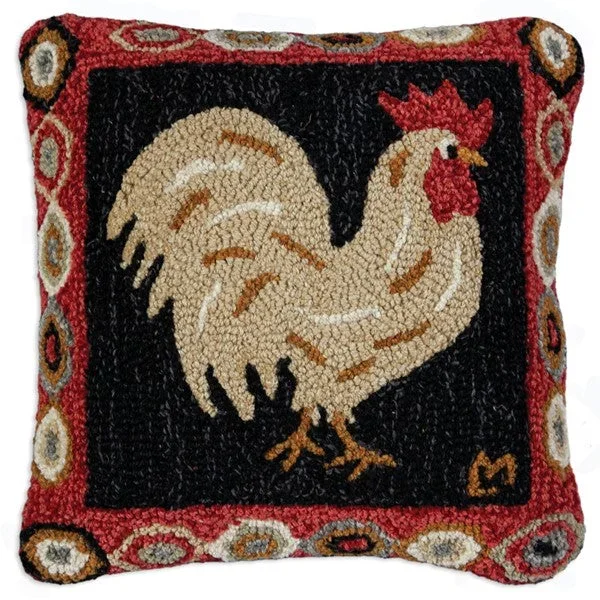 Brown Rooster Hooked Pillow