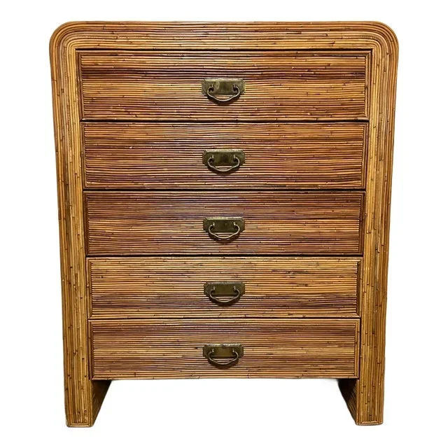 C.1970s Highboy Waterfall Pencil Reed Rattan Dresser
