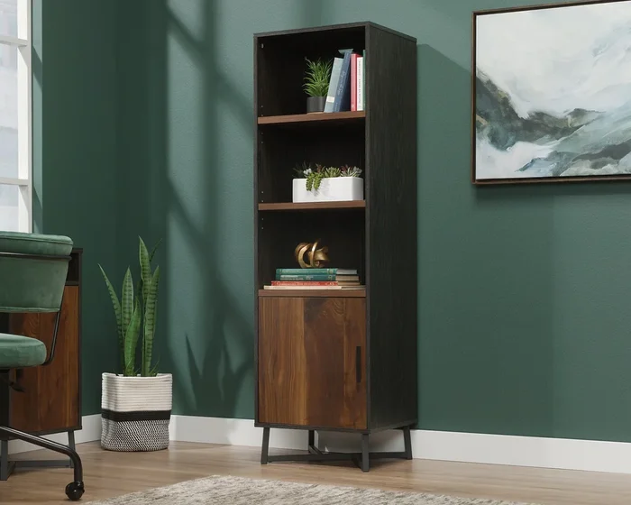 Canton Lane 3-Shelf Bookcase with Reversible Door in Grand Walnut and Brew Oak – Adjustable Shelves & Hidden Storage – Metal Frame Bookshelf