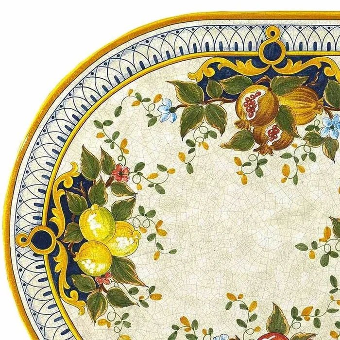 CERAMIC STONE TABLE + IRON BASE: POSITANO Design^ – Hand Painted in Deruta, Italy.