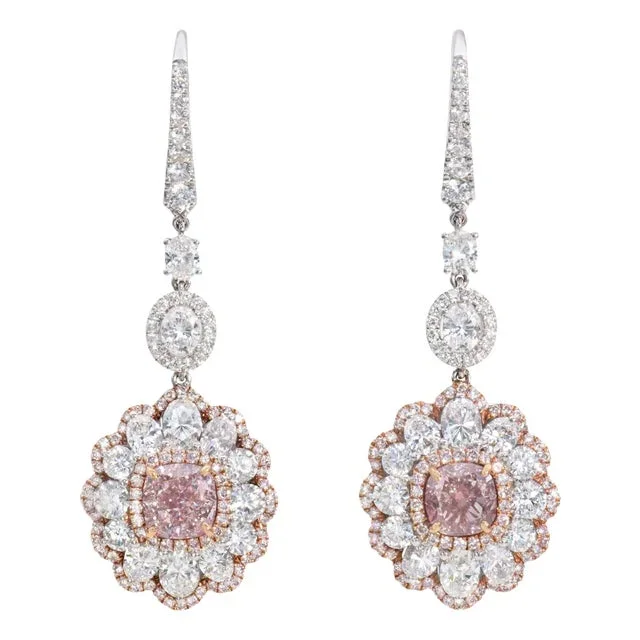 Certified 1 Carat Very Light Pink & White Diamond Drop Earrings in 18k Gold – 2 Pieces