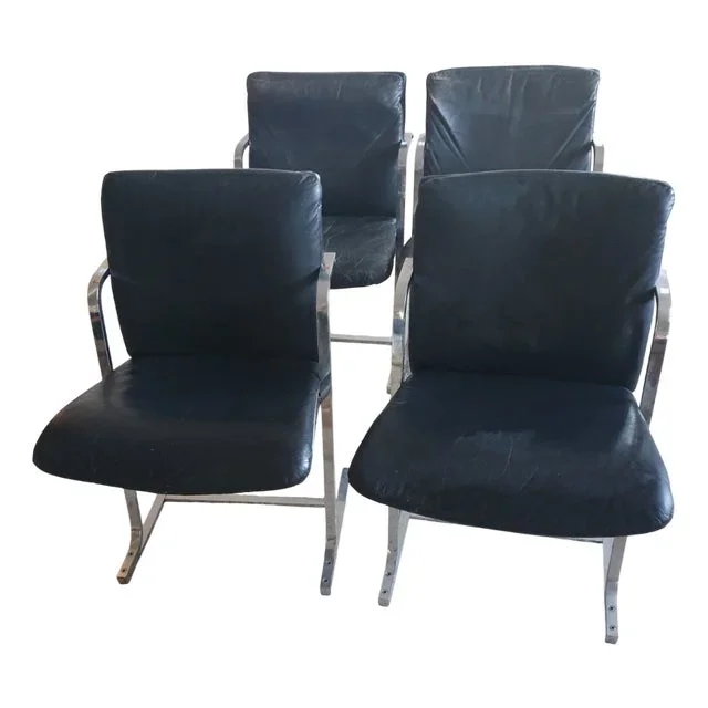 Chairs in Steel and Black Leather, 1970s, Set of 4