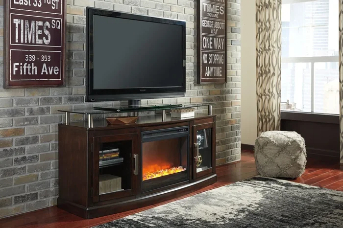 Chanceen – Dark Brown – 2 Pc. – 60″ Tv Stand With Fireplace Insert Glass/stone