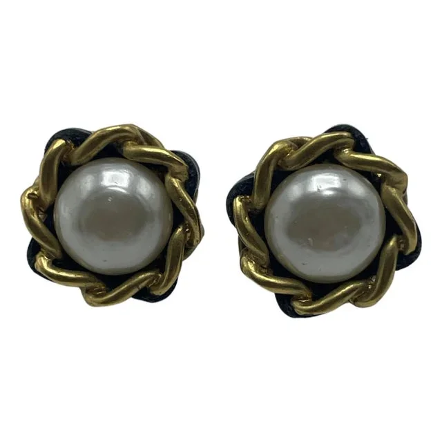Chanel 1993 Leather Chain And Pearl Earrings