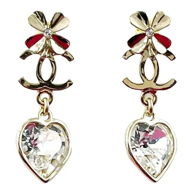 Chanel Brand New Gold CC Clover CC Heart Crystal Dangle Piercing Earrings – 2 Pieces