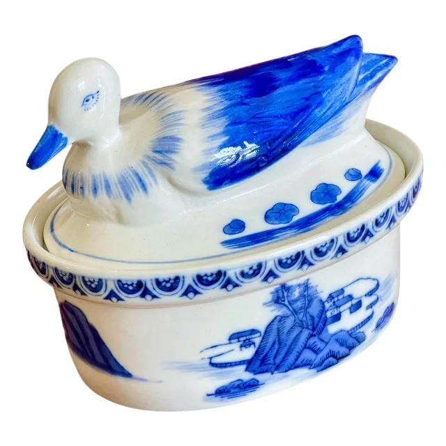 Chinoiserie Blue and White Duck Covered Dish