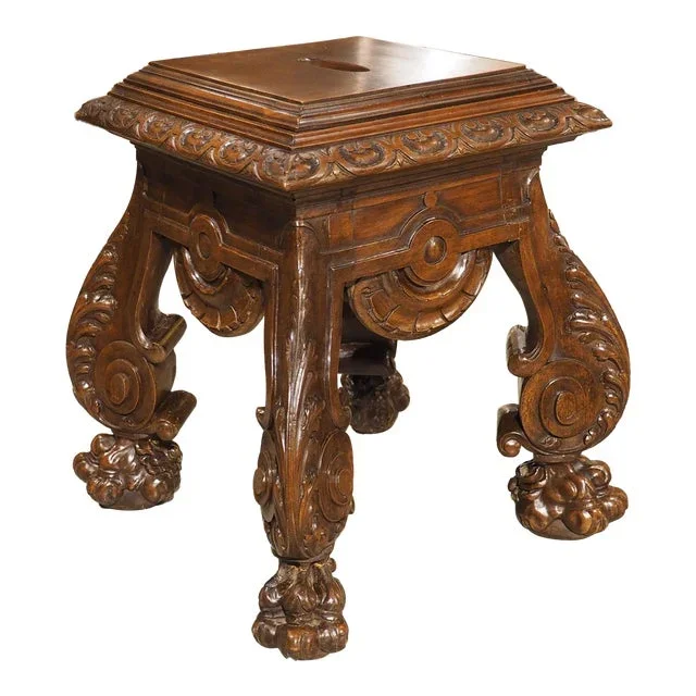 Circa 1880 French Carved Walnut Tabouret or Sellette With Large Lion Paw Feet