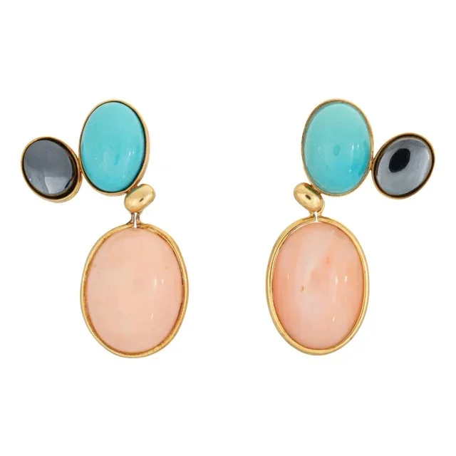 Circa 1982 Tiffany & Co Earrings Picasso Coral Turquoise Gemstone Drops 18k Gold – 2 Pieces