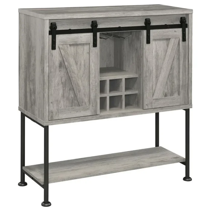 Claremont Sliding Door Home Bar Wine Cabinet – Gray Driftwood Finish with Stemware Rack, Adjustable Shelves, Wine Storage, and Rustic Farmhouse Charm