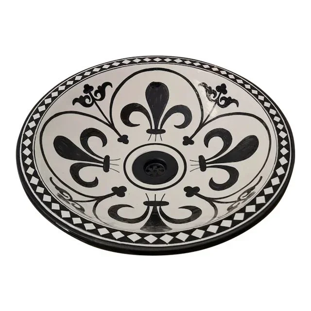 Contemporary Black and White Bathroom Sink with Brass Drain