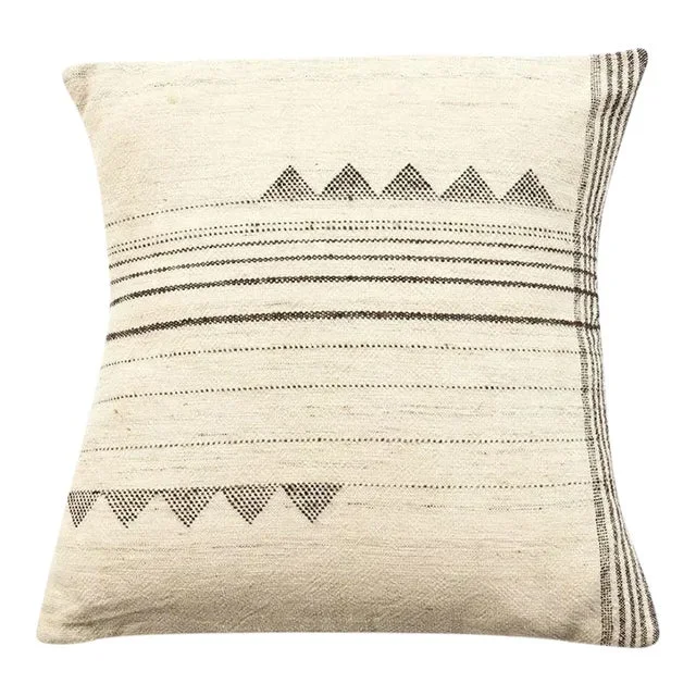 Contemporary Kora White and Black Handwoven Silk Wool Pillow