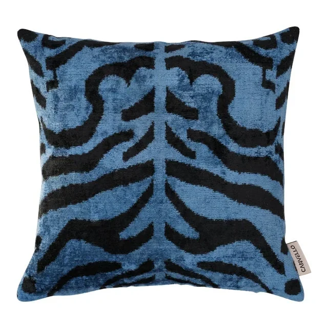 Contemporary Luxury Blue Handmade Silk Tiger Print Throw Pillow With Down Insert