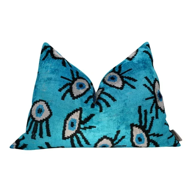 Contemporary Luxury Turquoise Handmade Silk Evil Eye Throw Pillow With Down Insert