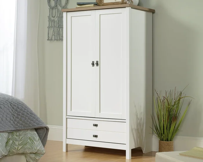 Cottage Road Armoire in Soft White and Lintel Oak – Wardrobe Closet with Garment Rod, Adjustable Shelf & Drawer for Bedroom or Living Room Storage