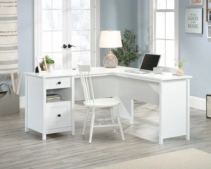 County Line L-Shaped Desk in Soft White – Home Office Desk with File Drawer, Open Shelf, Cord Grommets, and T-Slot Assembly by Sauder