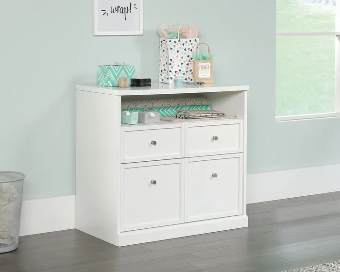 Craft Pro Series 4-Drawer Storage Cabinet in White – Heat & Scratch Resistant Melamine Top, Full-Extension Drawers, Open Shelf for Easy Access