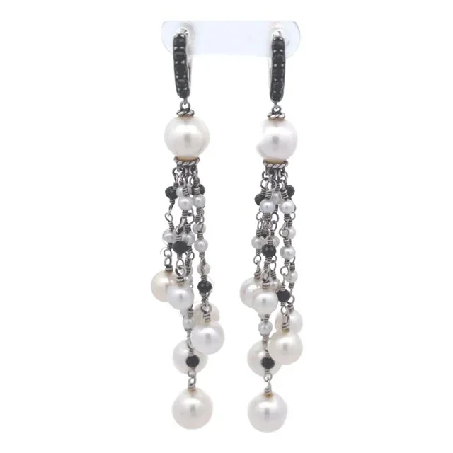 David Yurman Pearls Onyx Sterling 14k Gold Long Dangle Earrings, 2 pieces
