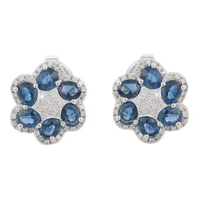 Diamond Sapphire Floral Stud Earrings – 2 Pieces