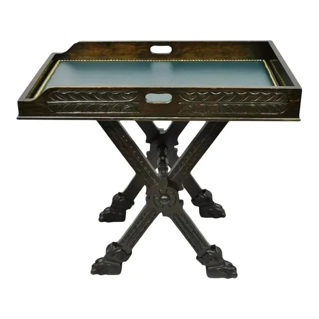 Early 20th Century Antique Italian Renaissance Carved Walnut Bar Folding Tray Table W Lion Paw Feet