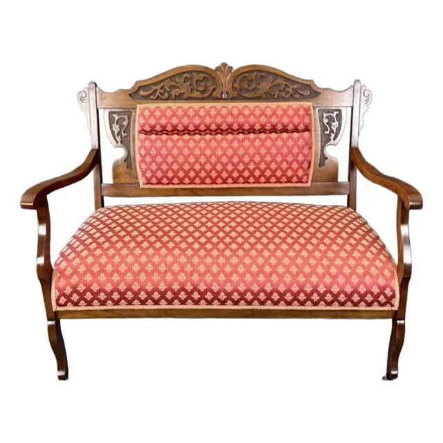 Early 20th Century Antique Red Upholstered Settee With Carved Frame