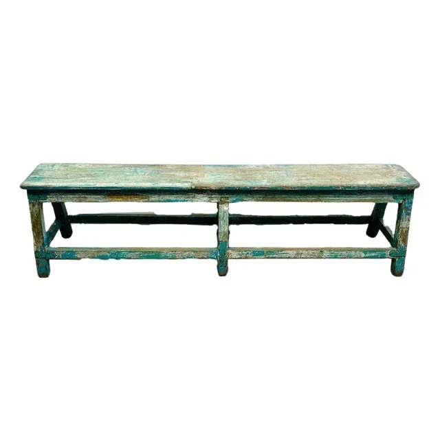 Early 20th Century Antique Rustic Turquoise Hand-Painted Bench With Distressed Patina