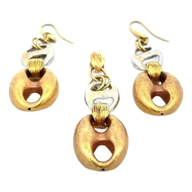 Earrings & Pendant 18k Gold Set Mariner Link Etched Puffed Dangle Style, 3 Pieces