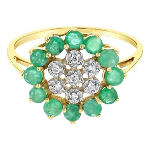 Emerald & Diamond Sunburst Ring 1.00cttw 14k Yellow Gold, Size 9