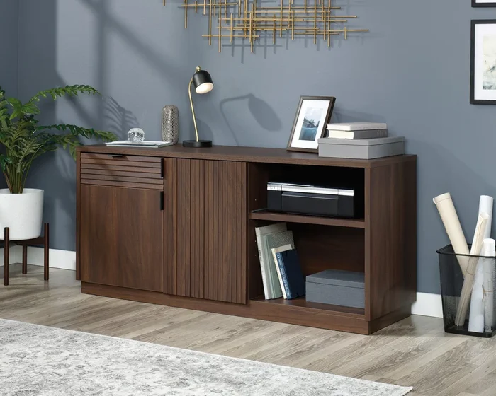 Englewood Office Credenza in Spiced Mahogany™ – Modern Geometric Design, Adjustable Shelves, Pull-Out Printer Shelf, Storage Drawer with Safety Stops