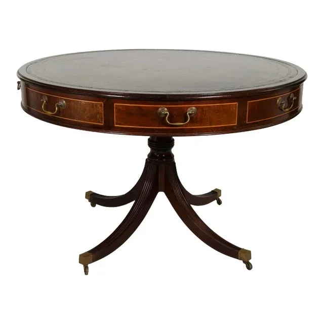 English Mahogany Drum Table With Embossed Leather Top Circa 1900