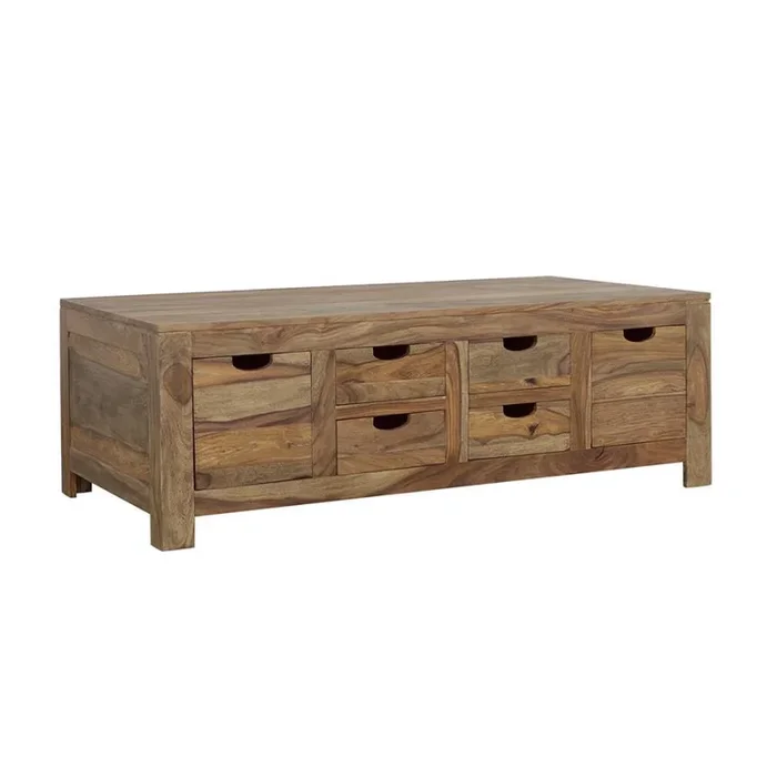 Esther – 6-Drawer Solid Wood Coffee Table – Natural Finish, Handcrafted Sheesham Wood with Ample Storage & Rustic Appeal